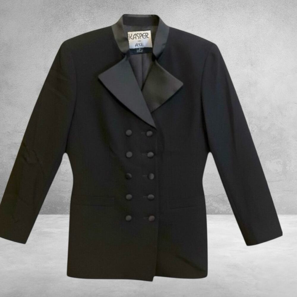 Vintage‎ Style Kasper ASL Black Tuxedo Blazer Size 8 Double Breasted Satin Lapel